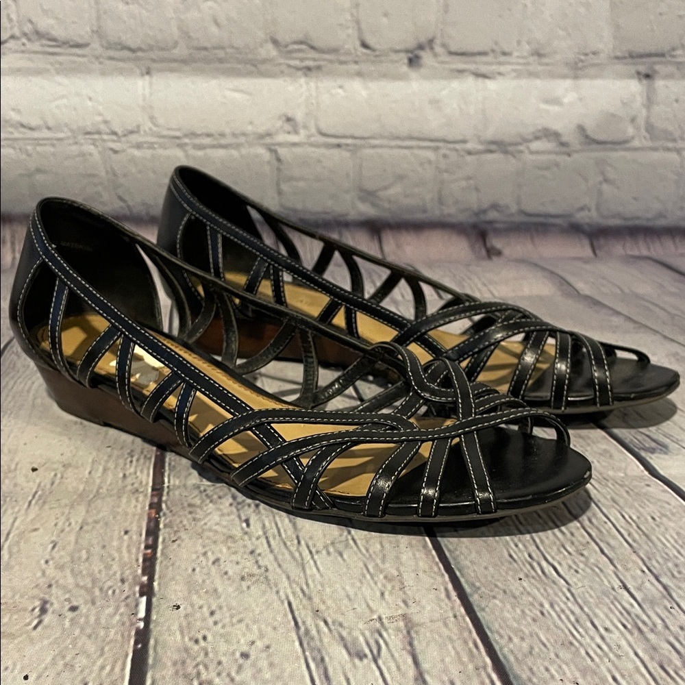 Etienne Aigner Black Leather Strappy Flats Size 8 1/2